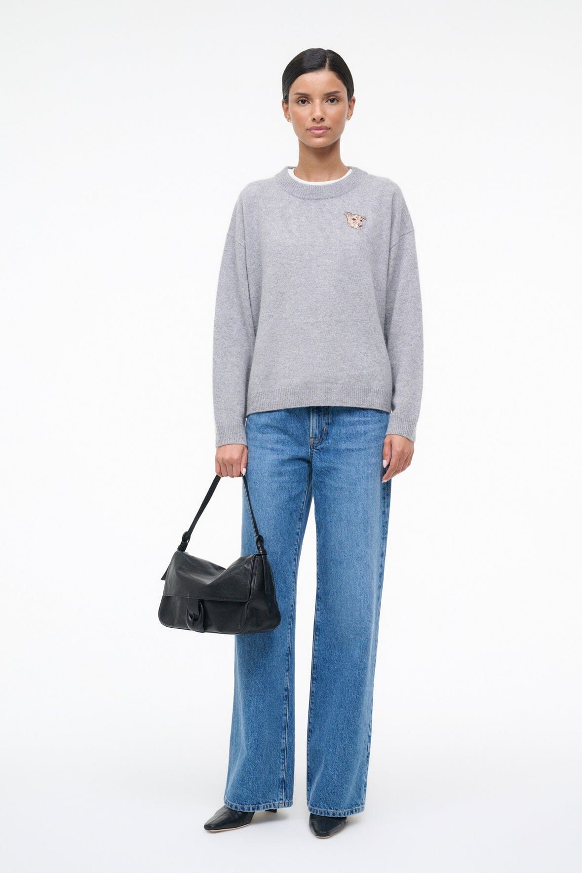 Heather grey cashmere sweater with embroidered dog logo, relaxed fit