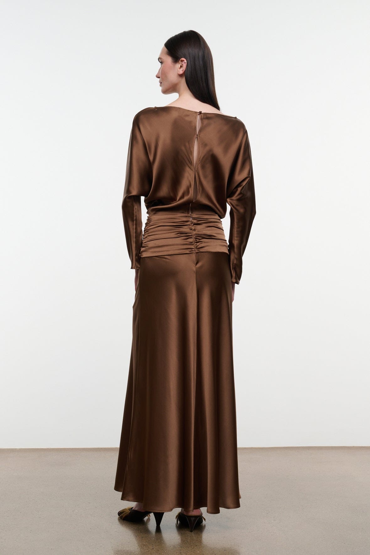 Brown silk dress, back view with long sleeves and ruched back waist detail
