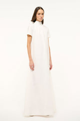 White mock-neck midi dress with short sleeves and relaxed A-line skirt