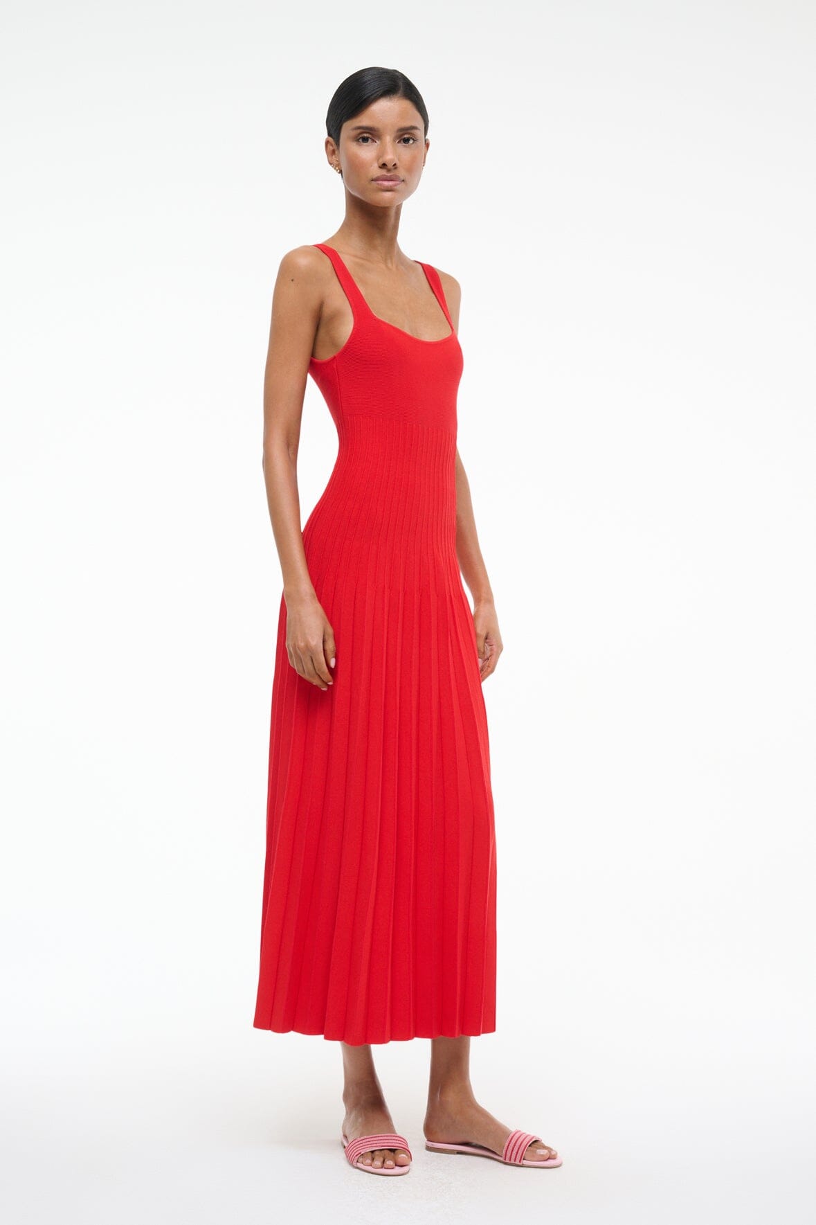 Red sleeveless pleated midi dress with square neckline and racerback