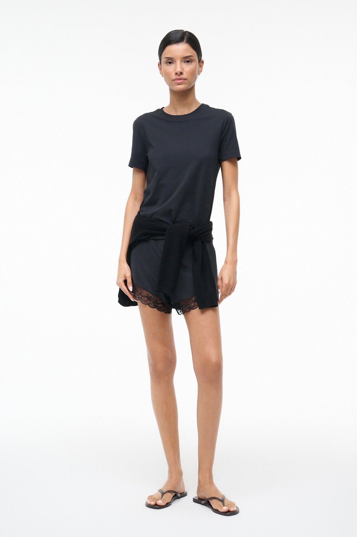 Black silk short with lace-trim hem and gathered waist