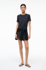 Black silk short with lace-trim hem and gathered waist