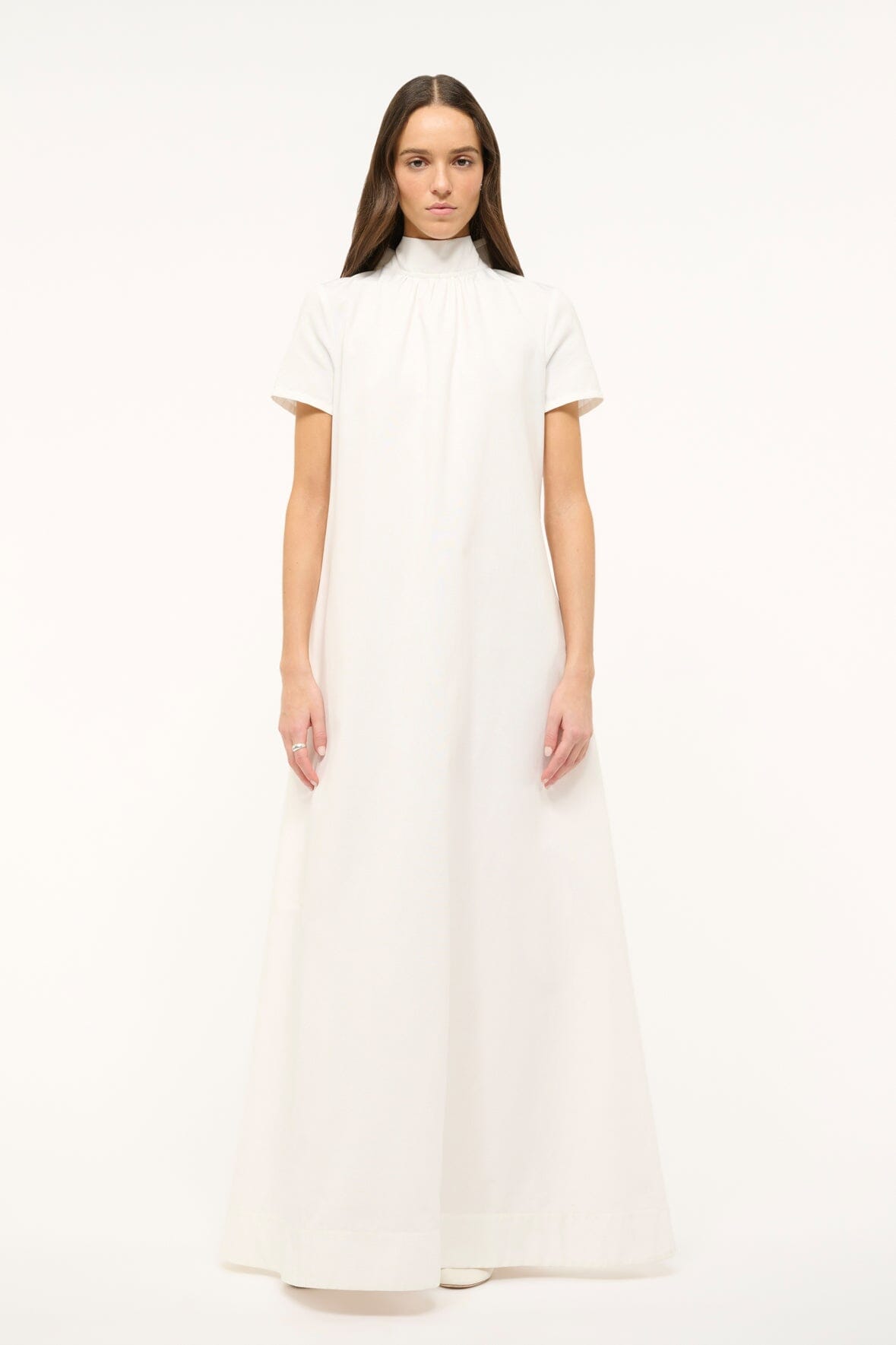 White mock-neck midi dress with short sleeves and clean straight front