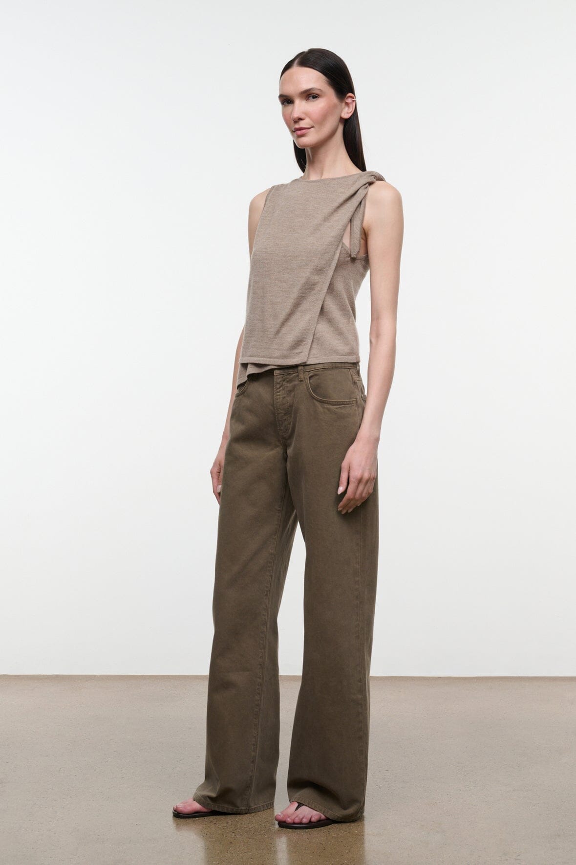 Sleeveless draped top with ruched neckline and tied shoulder, sesame beige