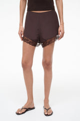 VON silk short in earth tone with lace hem and scalloped trim
