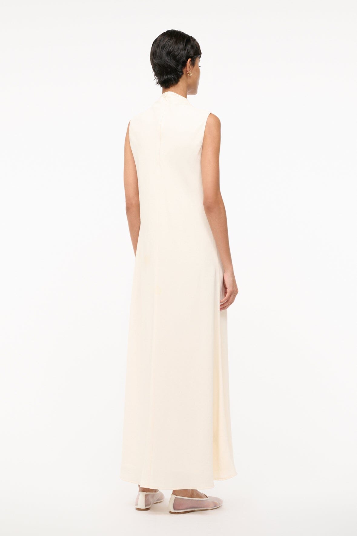 Ivory sleeveless turtleneck midi dress, back view