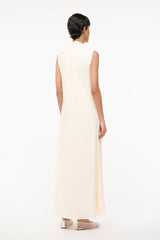 Ivory sleeveless turtleneck midi dress, back view