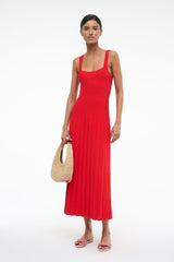 Red sleeveless pleated midi dress with scoop neckline and slim fit