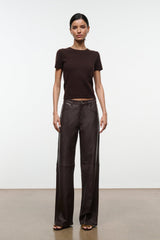 Dark chocolate cashmere crew-neck tee with short sleeves and straight hem