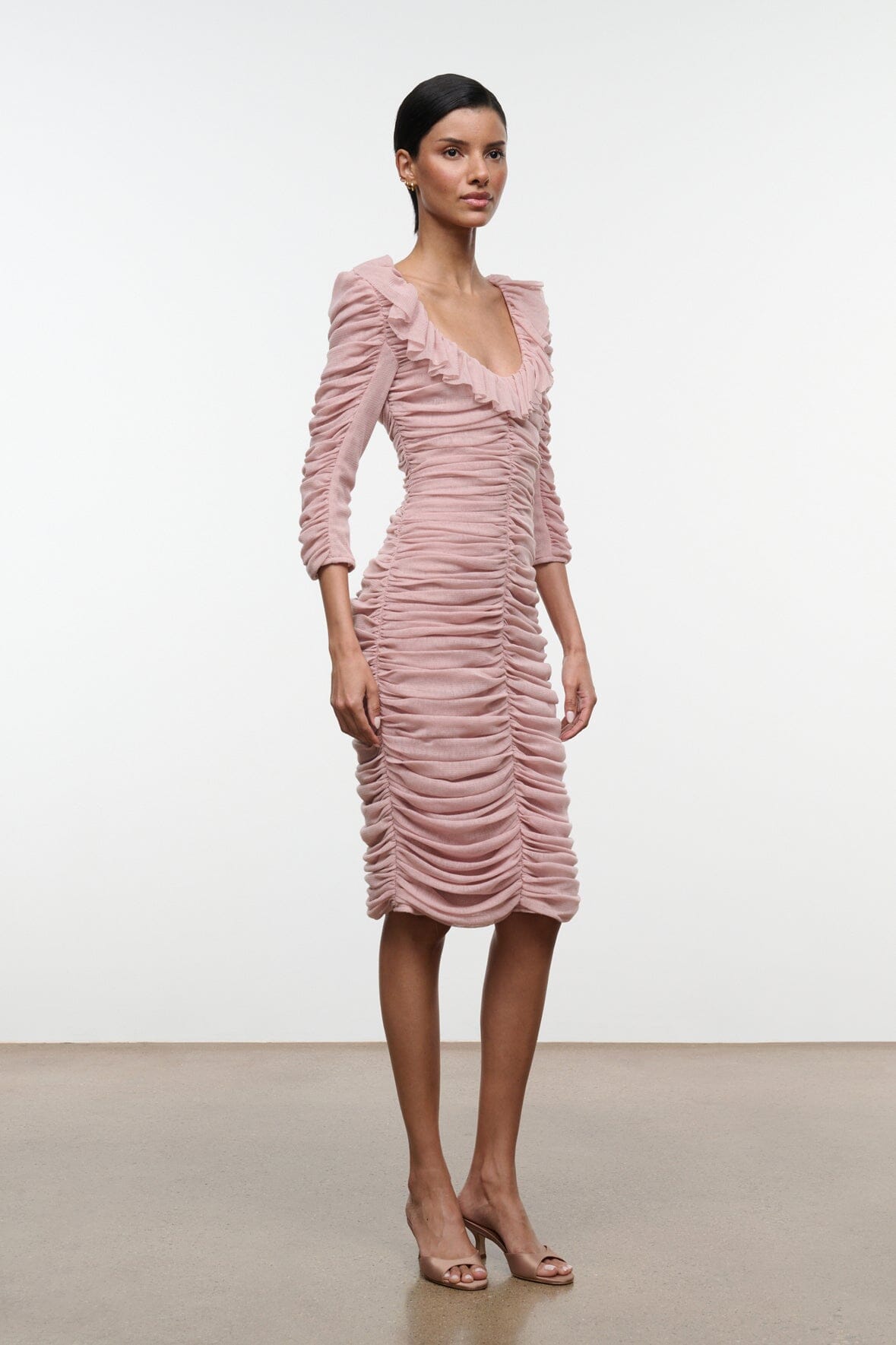 Gretta dress by SANDROSE, light pink ruched midi with ruffled shoulder detail