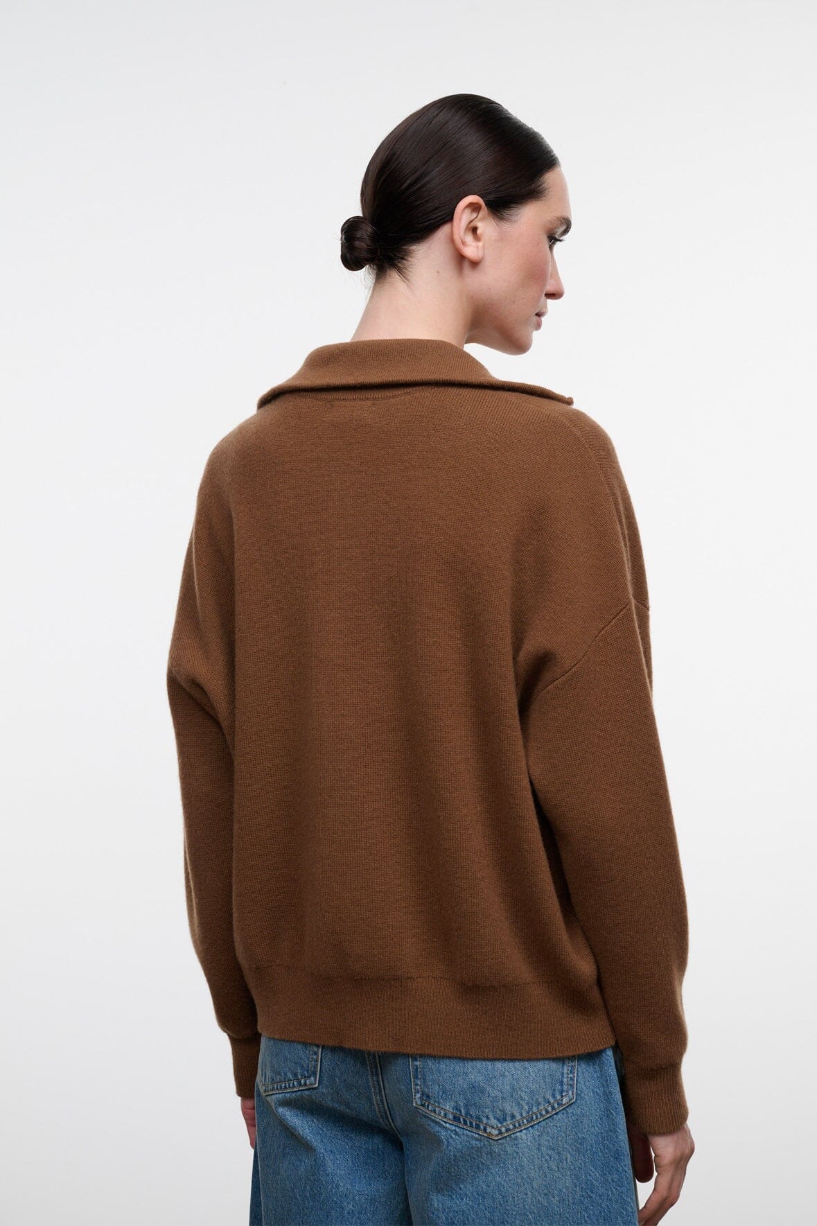 Cashmere sweater in cigar brown, back view, mock neck with zipper