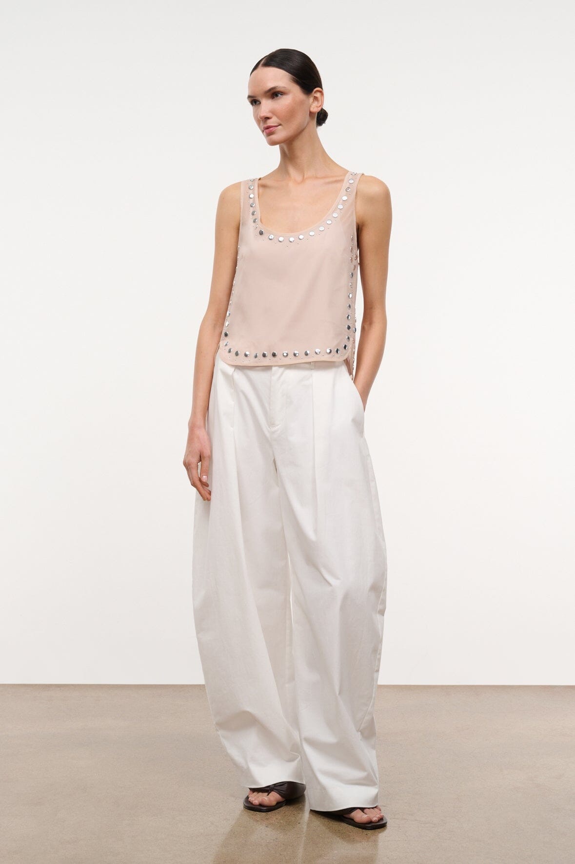 Light pink stud-embellished tank top with scalloped neckline