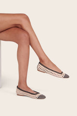 Cream and black crochet ballerina flats with almond toe and woven pattern