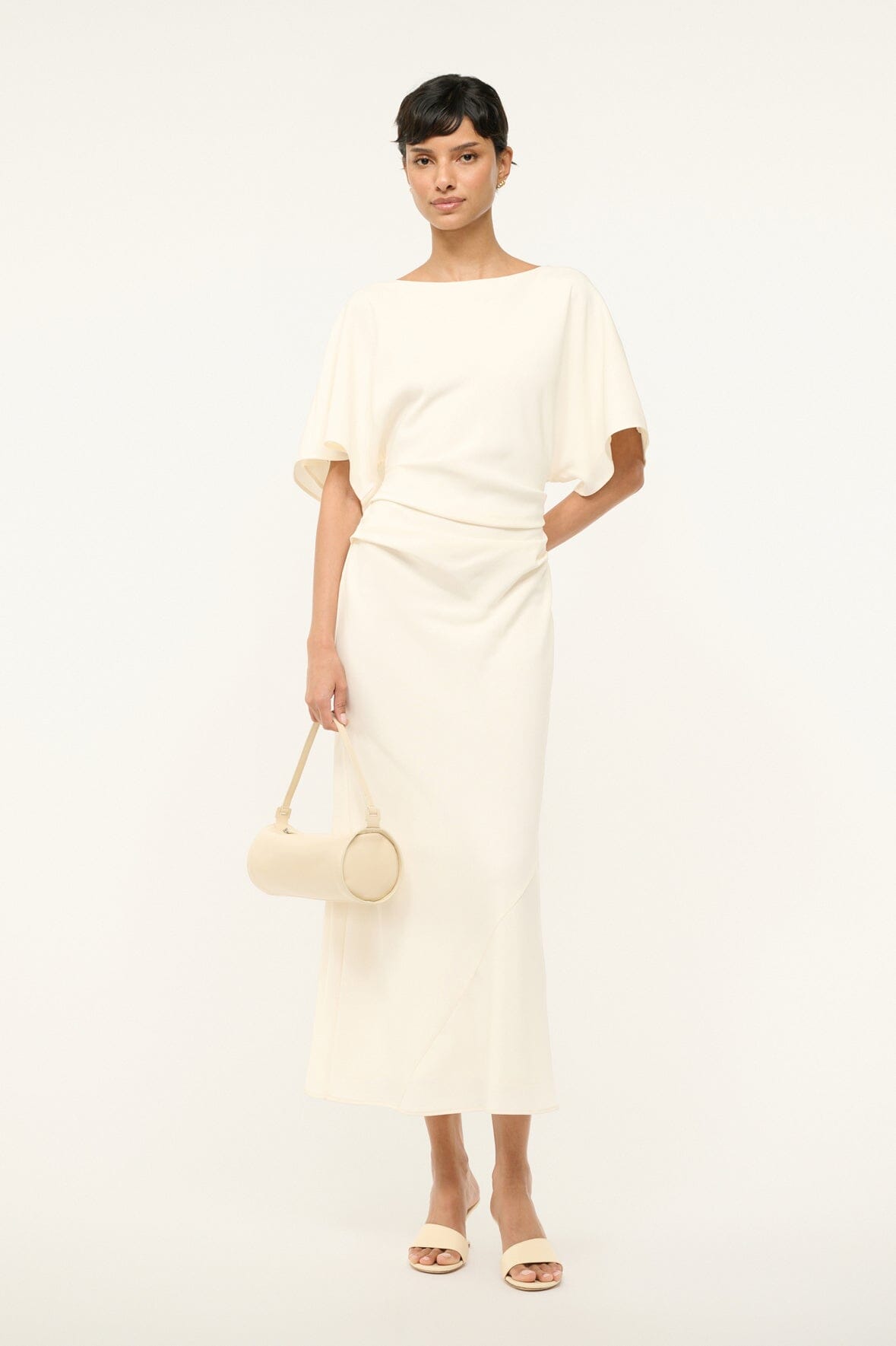 Ivory draped midi dress with gathered waist and short dolman sleeves