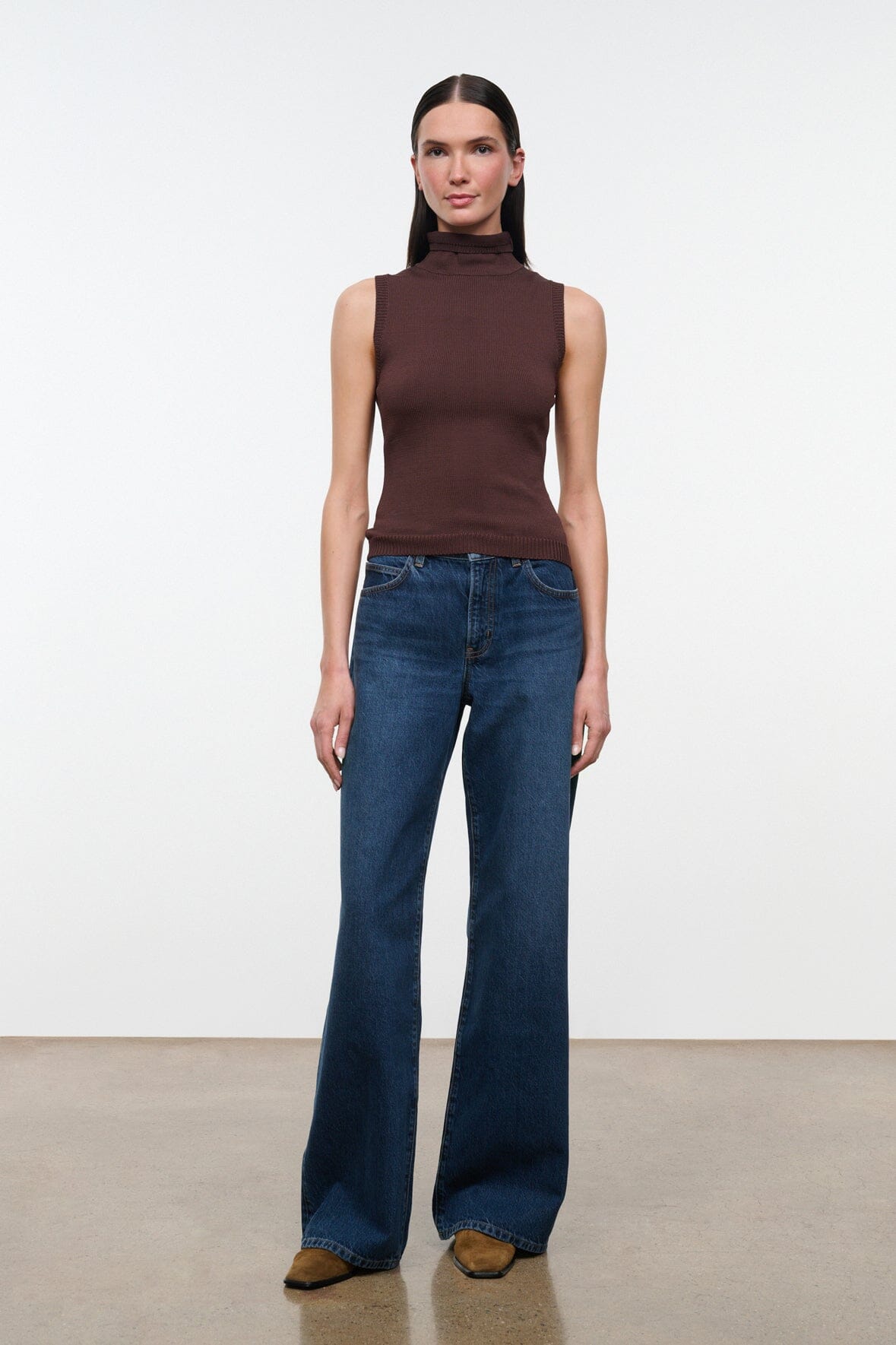 Sleeveless knit top with mock neck, dark brown; straight hem