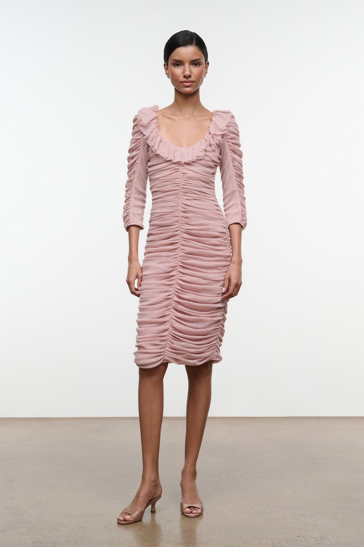 Gretta dress by SANDROSE, light pink ruched fitted midi with ruffled shoulder cuffs - front view