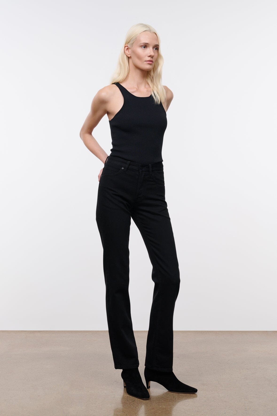 Black straight-leg denim jeans, full front view with button and belt loops