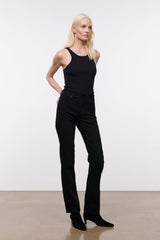 Black straight-leg denim jeans, full front view with button and belt loops