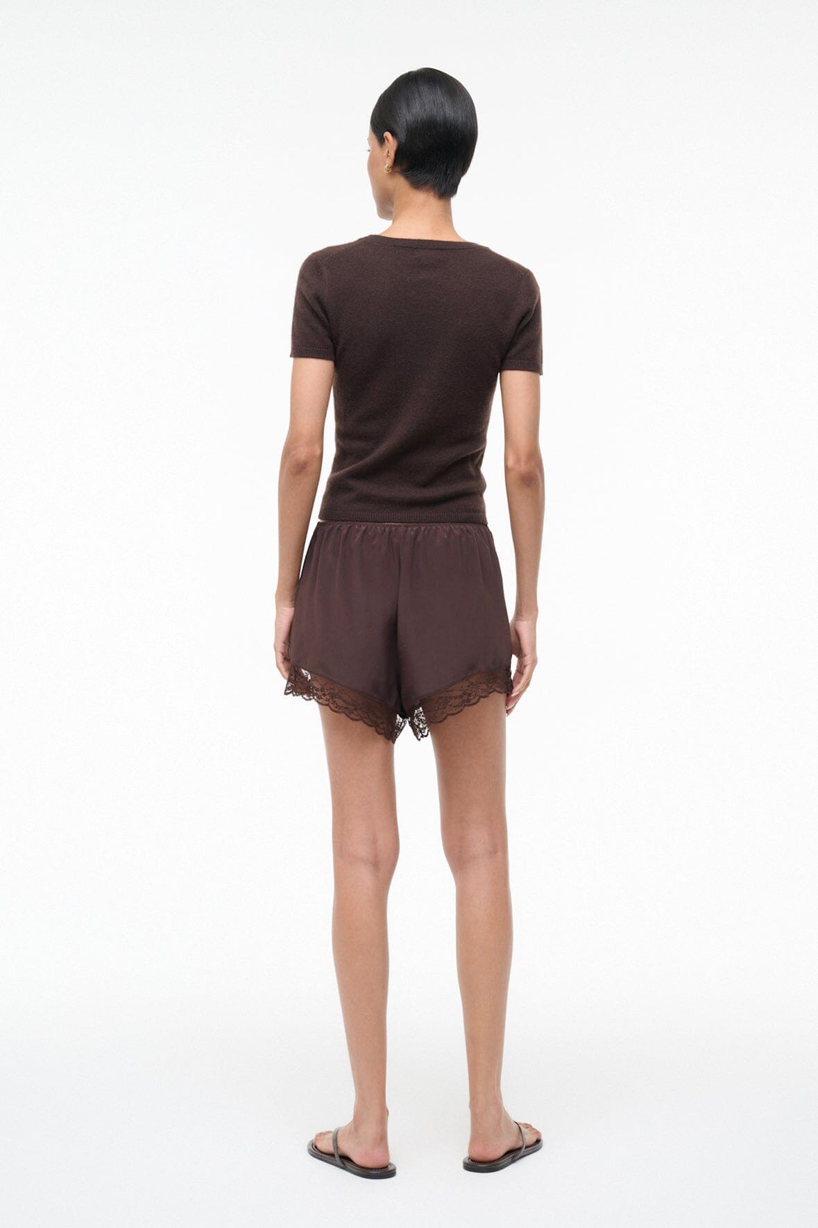 VON silk short back view with gathered waist and lace trim, earth-toned