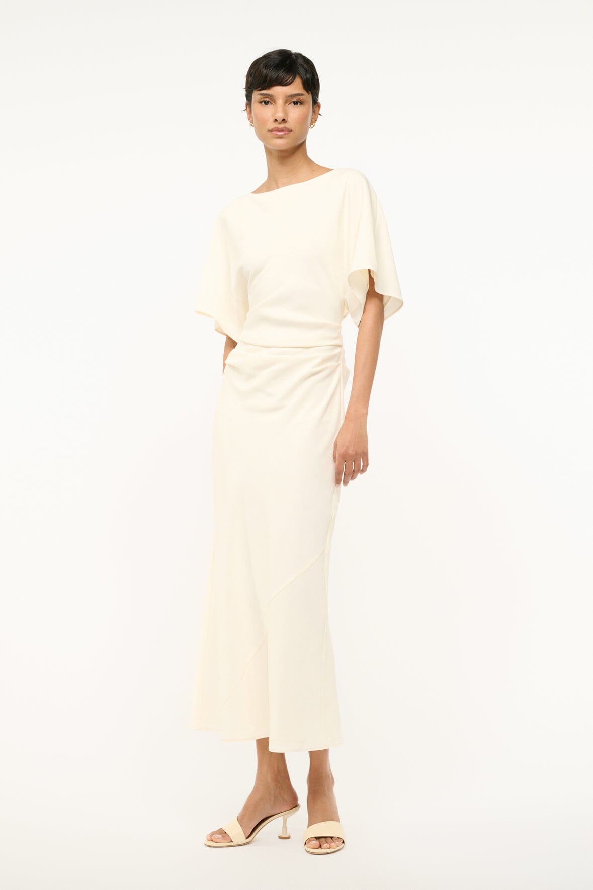 Ivory draped midi dress with boat neckline and gathered waist detail