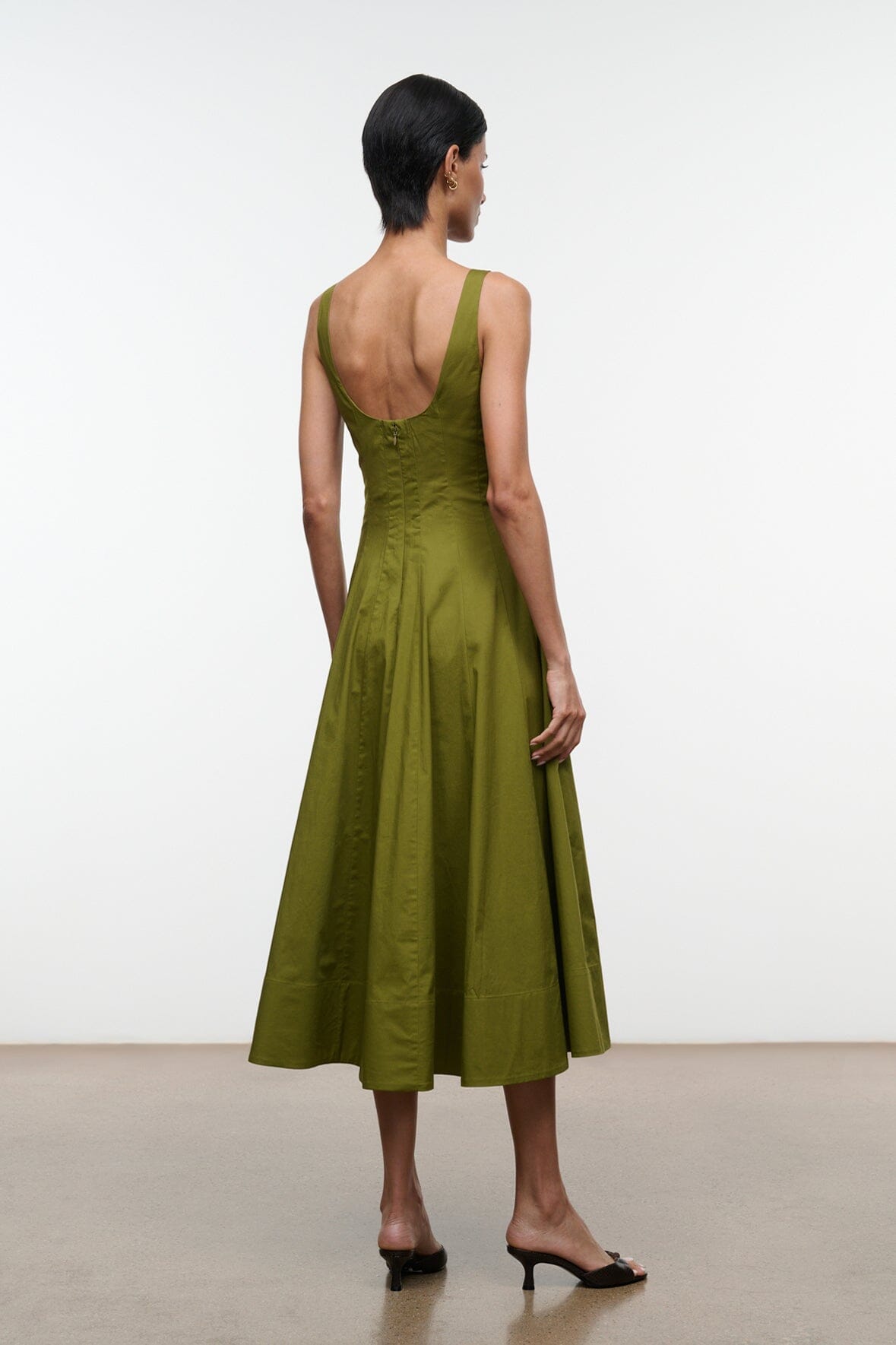 Wells dress, olive green sleeveless midi A-line; square back
