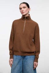 Cashmere sweater in cigar brown with quarter-zip high neck and ribbed hem