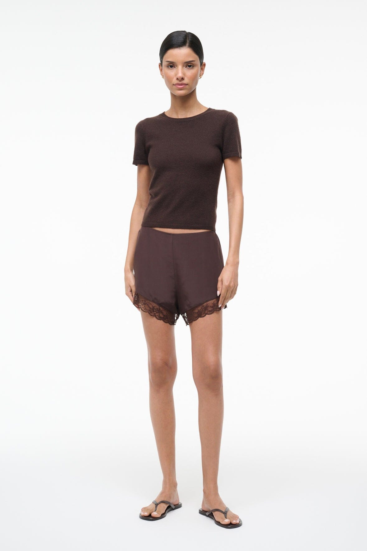 VON silk short front view with lace hem and elastic waistband, dark earth-brown