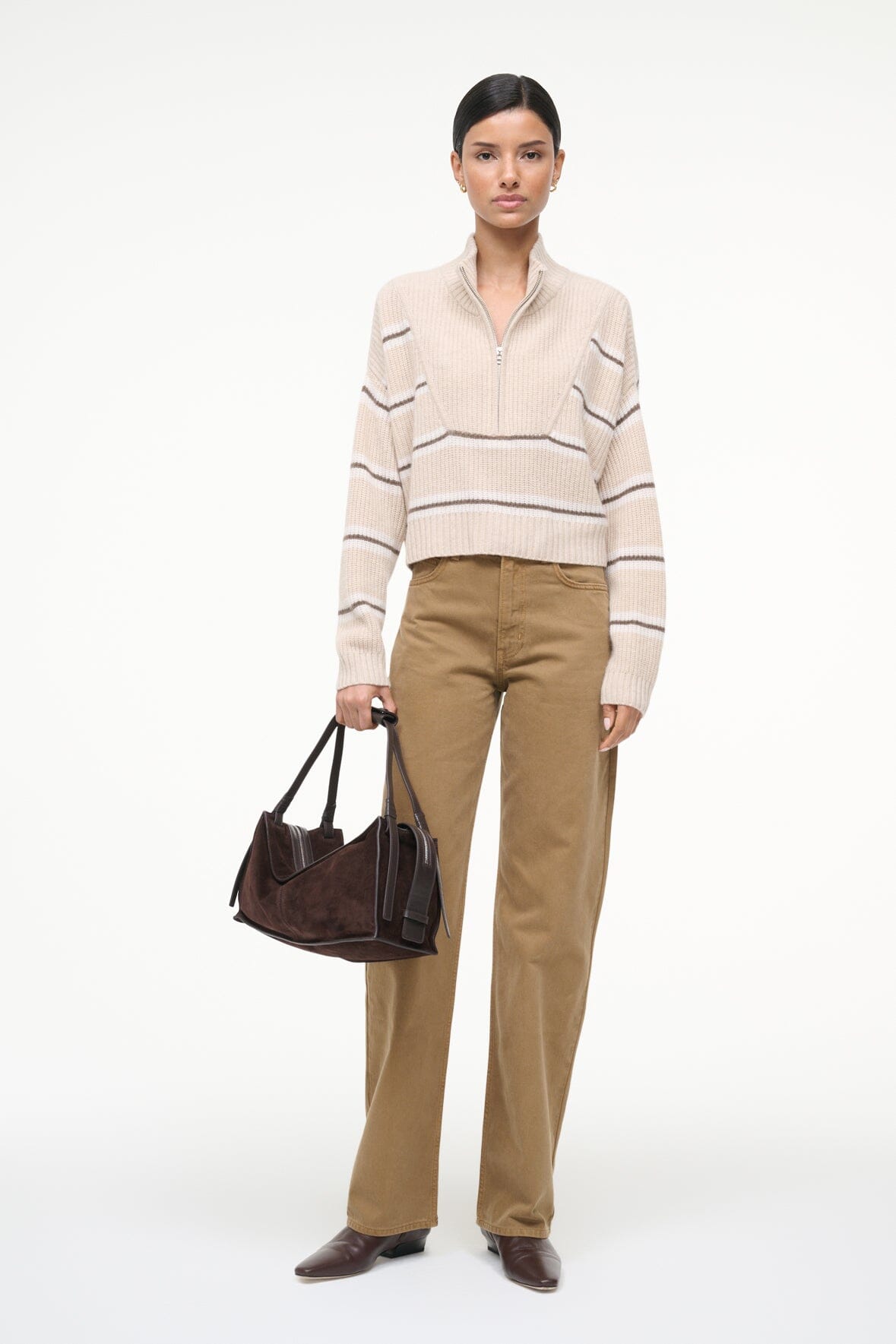 Cropped cashmere sweater with zip front and horizontal whisper stripe knit details