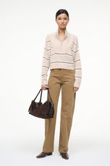 Cropped cashmere sweater with zip front and horizontal whisper stripe knit details