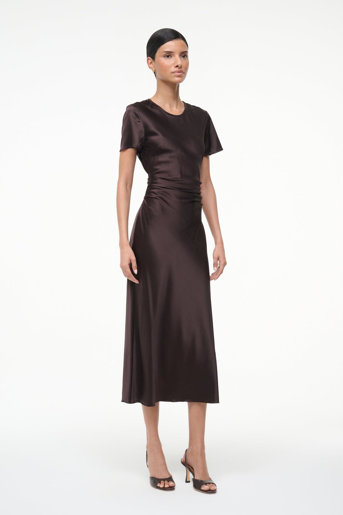 Marcel silk dress in dark earth brown, short sleeves, ruched waist, midi skirt