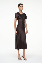 Marcel silk dress in dark earth brown, short sleeves, ruched waist, midi skirt