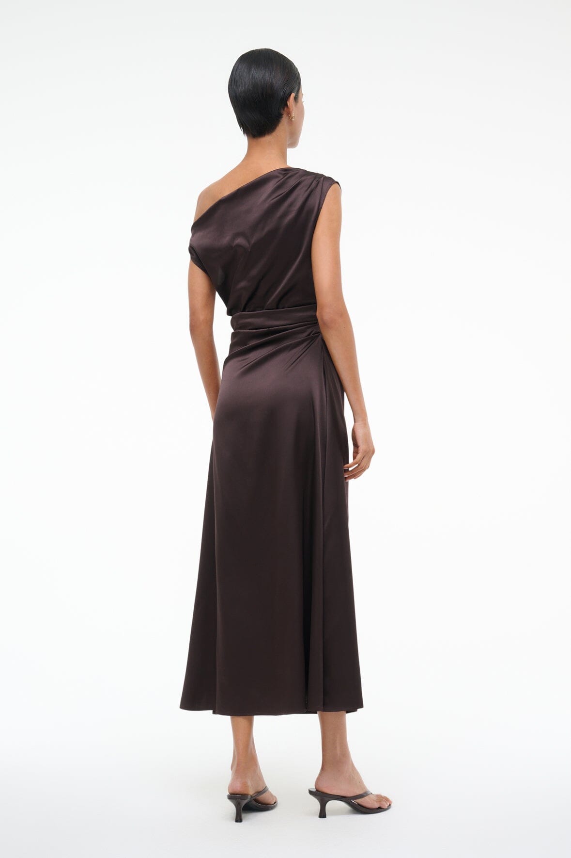 Silk midi dress in dark brown, sleeveless one-shoulder drape, side gathered waist