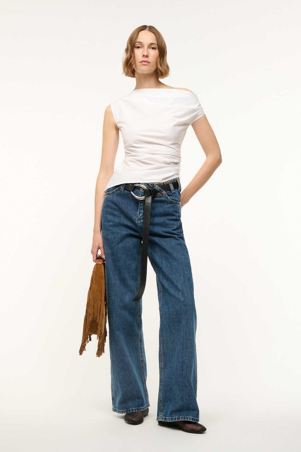 PHARE white one-shoulder draped top with cap sleeve, fitted waist