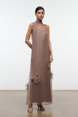 Taupe sleeveless maxi dress with layered feather applique clusters