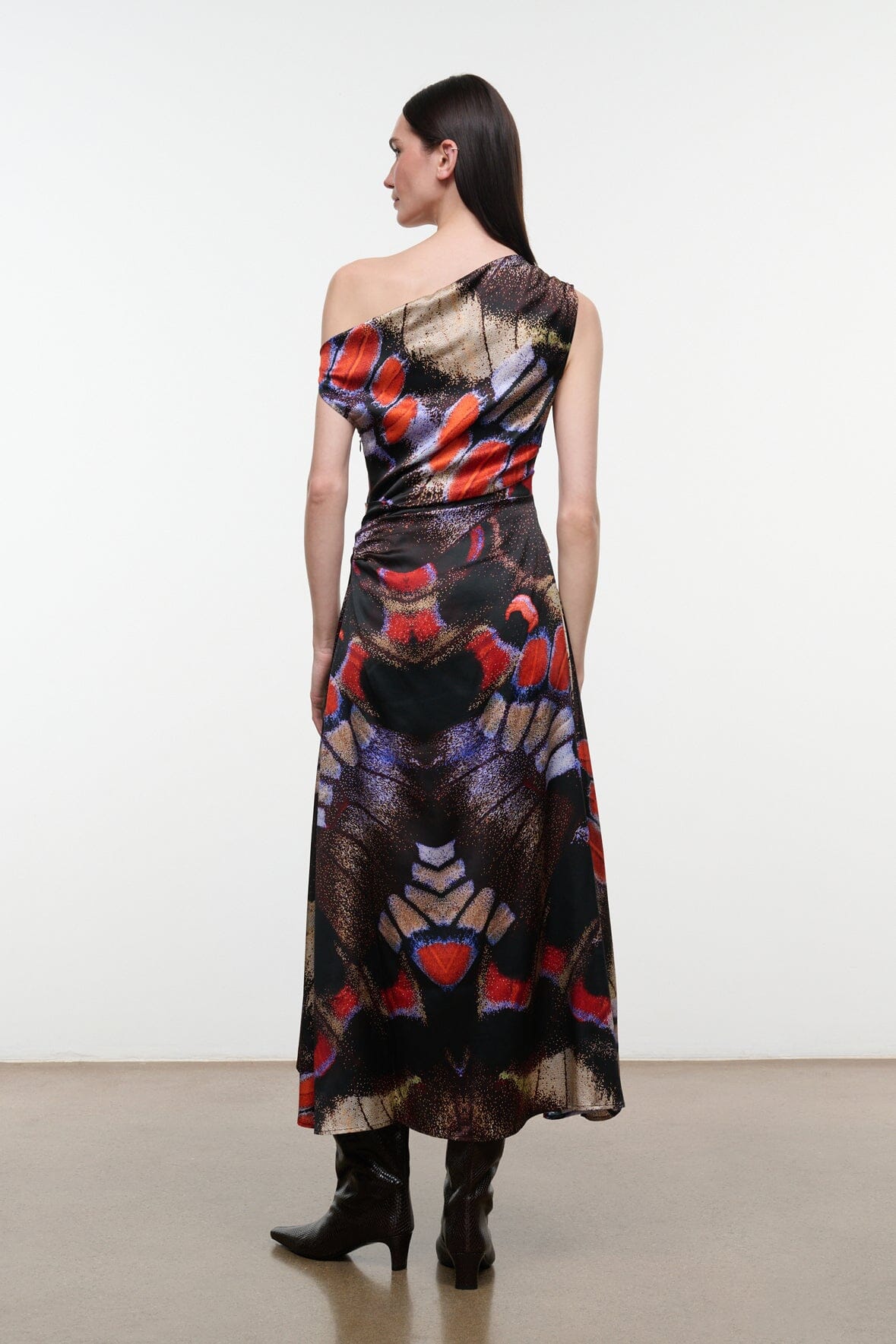 Silk dress one-shoulder, draped back with dark butterfly print, midi length