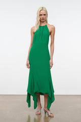 Bianca silk dress in Kelly green with halter neck, sleeveless, asymmetric draped hem