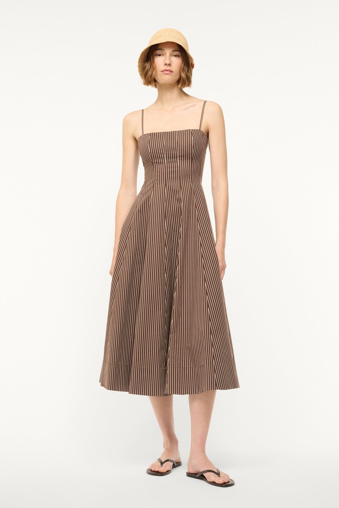 Dark brown micro-striped midi dress with spaghetti straps and gathered skirt