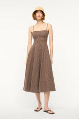 Dark brown micro-striped midi dress with spaghetti straps and gathered skirt
