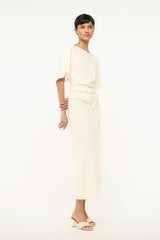 Ivory draped midi dress with side ruching and short dolman sleeves