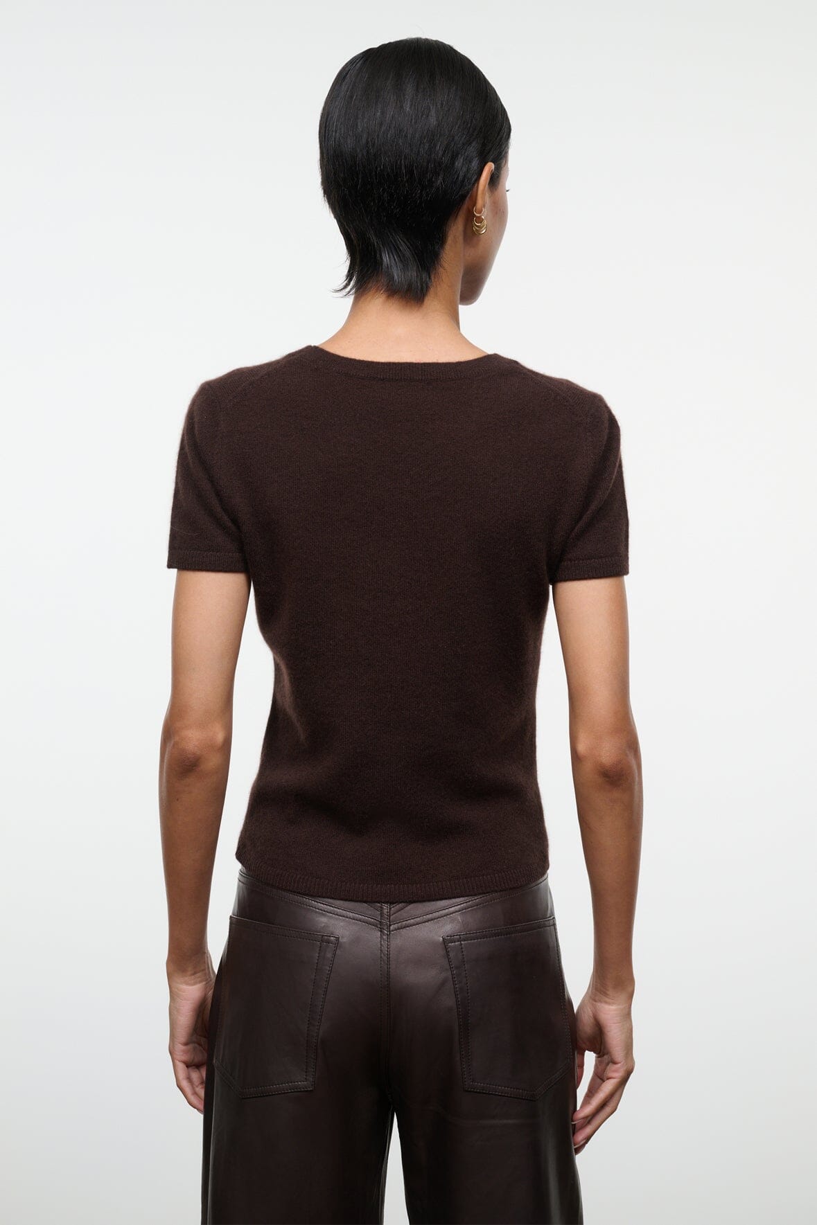 Dark chocolate cashmere crew-neck tee from back, short sleeves, smooth knit