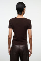 Dark chocolate cashmere crew-neck tee from back, short sleeves, smooth knit