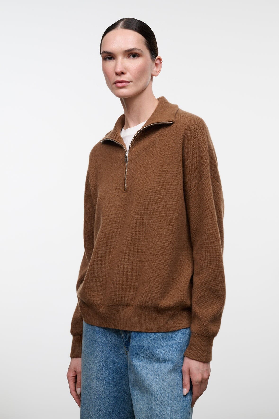 Cashmere sweater in cigar brown with half-zip front and stand collar, long sleeves