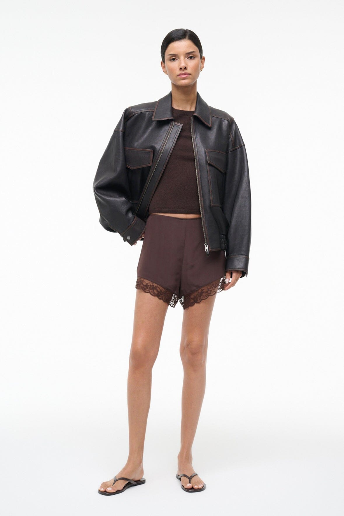 VON silk short with lace hem and elastic waistband, earth-toned
