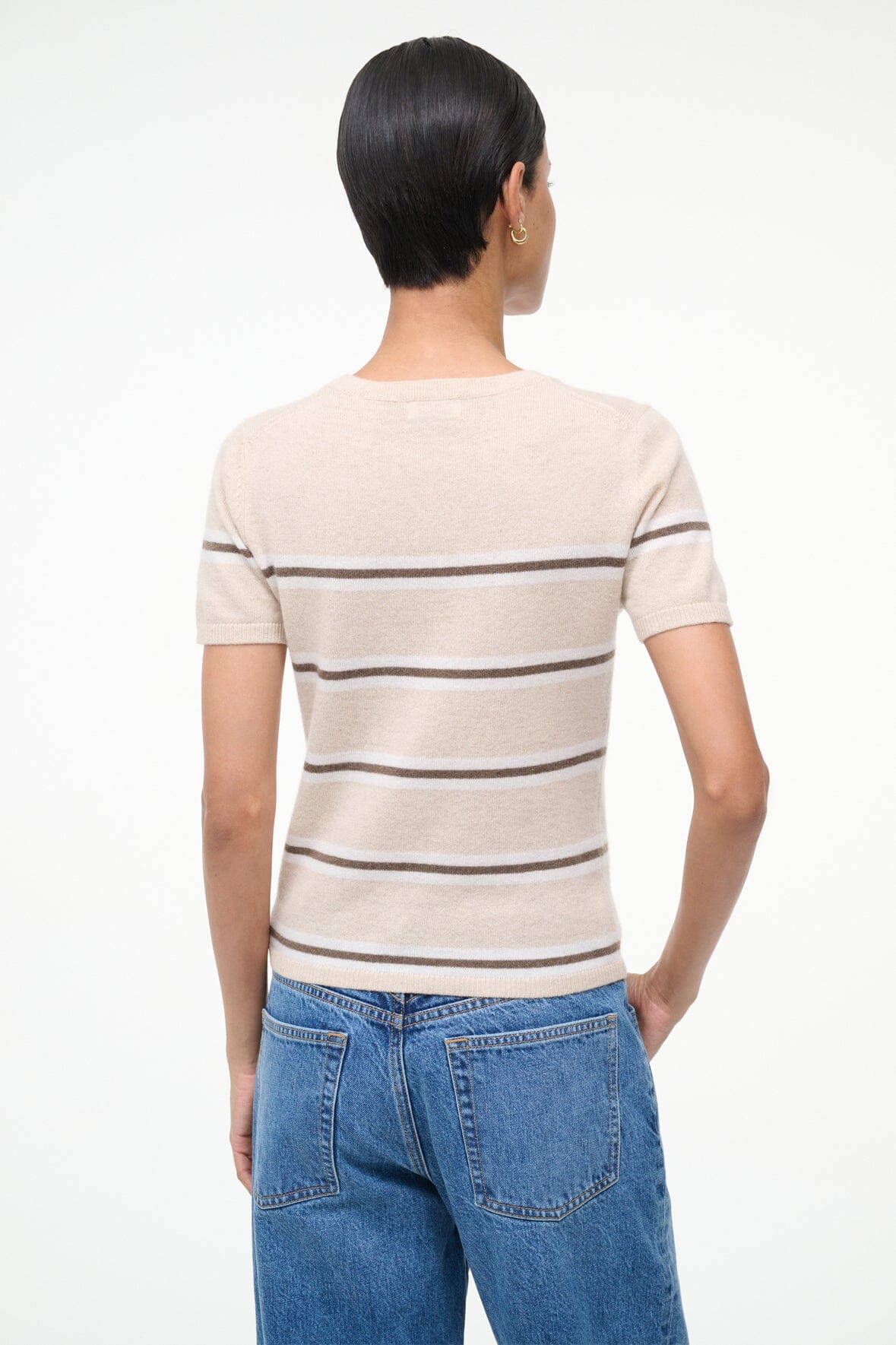 Cashmere tee with back crew neck and horizontal stripe bands, short sleeves