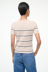Cashmere tee with back crew neck and horizontal stripe bands, short sleeves