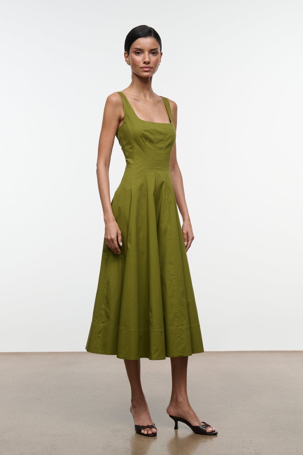 Wells dress, olive green sleeveless midi A-line with square neckline