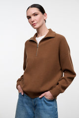 Cashmere sweater in cigar brown with half-zip front and ribbed cuffs, relaxed fit