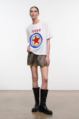 White relaxed tee with SUPER STAR star graphic on front, relaxed fit