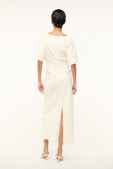Ivory midi dress with draped back and short dolman sleeves