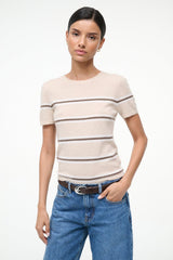 Cashmere tee, light beige with horizontal stripe bands across chest, crew neck